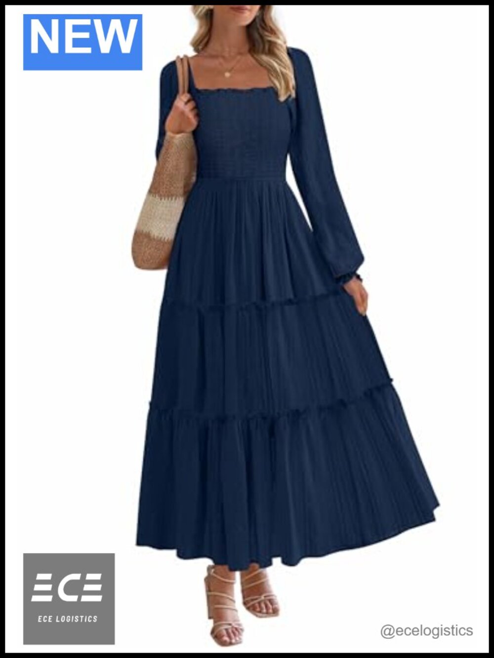 PRETTYGARDEN Women's Long Sleeve Ruffle Flowy Maxi Dress Smocked Square Neck